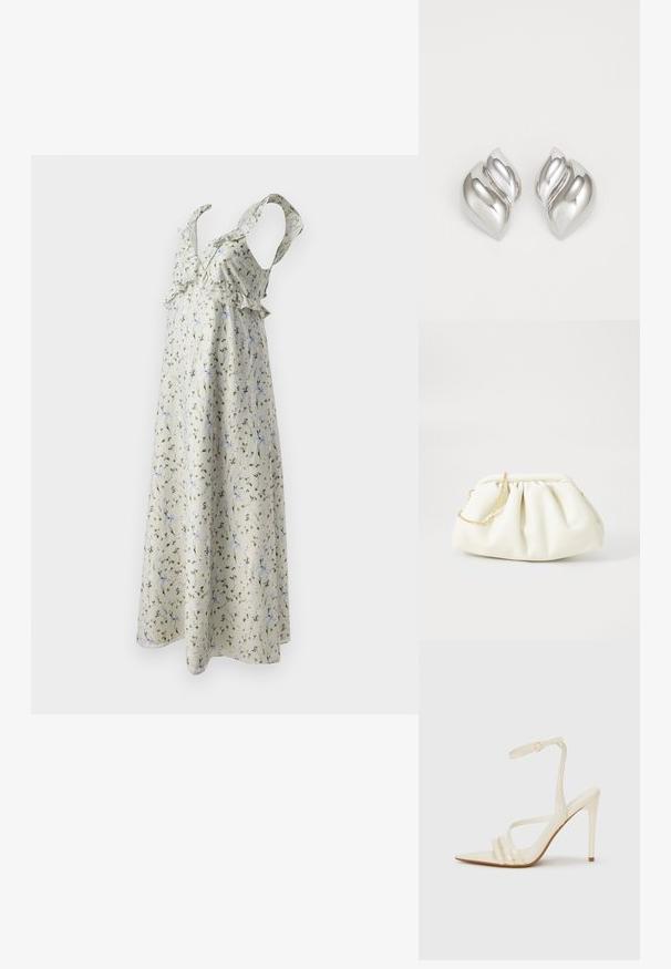 Blumenkleid aus leicht beigem Stoff mit grünen und blauen Mustern, ausgestattet mit Rüscheträgern und einem fließenden, knöchellangen Design.; Beige Sandaletten mit hohem Absatz und spitzer Schuhspitze, ausgestattet mit drei vorderen Riemen und einem dünnen Knöchelriemen mit Schnalle. Glatte Textur, minimalistisches Design.; Weiße Lederhandtasche mit einem gerafften Design, ausgestattet mit einem goldenen Kettenriemen und einer runden Form. Glatte Textur mit sanften Falten und ohne Muster.; Silberne Ohrringe mit einer organischen, abstrakten Form. Glatte, glänzende Oberfläche mit einem konischen Design. Mit dezenten Kurven und einem zentralen Linienelement.