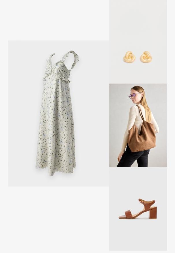 Blomstret kjole i lys beige stof med grønne og blå mønstre, der har flæser på stropperne og et svajende, ankellangt design.; Brune læder hæle sandal med firkantet tå, justerbar ankelrem og blokhæl. Glat tekstur og minimal design.; Brun ruskind tote taske med blød tekstur, stor åbning og lange stropper. Har et enkelt design med synlige syninger og ingen hardware.; Par af skinnende ørestikker i guldfarvet knudeform på en ensfarvet hvid baggrund.