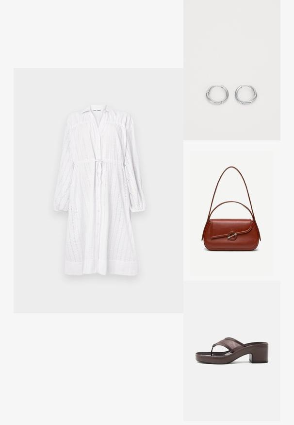 Vestido blanco de manga larga con botones en la parte delantera, cintura con lazo, diseño de ojales y mangas fruncidas. Textura suave con un corte relajado.; Sandalia marrón con tacón, banda de malla y diseño de tira, con tacón cuadrado y suela cosida, mostrada de perfil sobre fondo blanco.; Bolso de hombro de cuero marrón con forma rectangular redondeada, solapa asimétrica, cierre circular plateado y dos correas delgadas.; Aros de plata en forma de aro con un acabado suave y pulido. Forma circular con un pequeño detalle de broche para el cierre. Diseño minimalista, livianos.