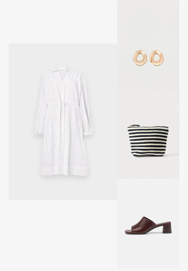 Vestido blanco de manga larga con botones en la parte delantera, cintura con lazo, diseño de ojales y mangas fruncidas. Textura suave con un corte relajado.; Sandalias de slide abiertas de color burdeos oscuro, hechas de cuero suave, con un diseño redondeado y un tacón grueso para mayor estabilidad. Se muestra vista lateral.; Pequeño estuche con cremallera, rayas horizontales tejidas en negro y blanco, fondo plano y tirador de cremallera visible en la parte superior.; Par de pendientes de aro de metal en tono dorado pulido, de forma irregular y con centro abierto, sobre un fondo blanco liso.