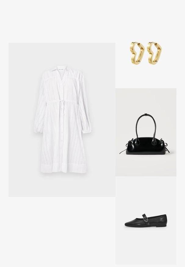 Vestido blanco de manga larga con botones en la parte delantera, cintura con lazo, diseño de ojales y mangas fruncidas. Textura suave con un corte relajado.; Zapato plano de cuero negro con punta redondeada, una sola correa ajustable con hebilla y una textura suave y brillante. Diseño minimalista con un tacón bajo.; Pequeño bolso negro brillante con dos asas largas y detalles de cordón lateral sobre un fondo claro liso.; Par de pendientes de aro con acabado dorado pulido y forma ondulada irregular, grabados con "PILGRIM" en el interior.
