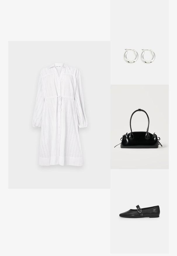 Robe blanche à manches longues avec un devant boutonné, une taille nouée, un motif œillet et des manches froncées. Texture douce avec une coupe décontractée.; Chaussure plate en cuir noir avec un bout arrondi, une seule sangle réglable à boucle et une texture lisse et brillante. Design minimaliste avec un petit talon.; Petit sac à main noir brillant avec deux longues anses et des détails à cordon sur les côtés sur un fond clair uni.; Boucles d'oreilles en argent avec une finition polie, présentant une forme circulaire et une fermeture à charnière. Texture lisse avec un minimum de détails.
