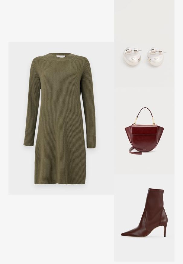 CLOSED CREW NECK DRESS LONG SLEEVE - Strikkjoler - forest green; Mørkebrun læderankelstøvle med spids snude og slank høj hæl mod en ensfarvet lys baggrund.; Mørkerød lædertaske med topgreb, guldfarvet hardware, klaplomme foran og lang rem, sat mod en ensartet lys baggrund.; Par af skinnende sølv store øreringe med lukning på bagsiden mod en ensfarvet hvid baggrund.