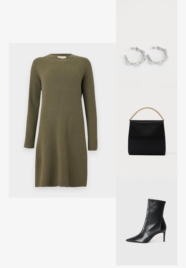CLOSED CREW NECK DRESS LONG SLEEVE - Strikkjoler - forest green; Sorte ankelstøvler lavet af glat læder, med spids tå, tætsiddende skaft og en slank høj hæl. Minimalistisk design uden synligt hardware.; Sort taske lavet af glat stof, med en struktureret form, et håndtag med guld kæde og et minimalistisk geometrisk design.; Sølv hoops øreringe med en struktureret, klumpet design. Fremstillet af metal, med en sikker stiftlås og en poleret overflade.
