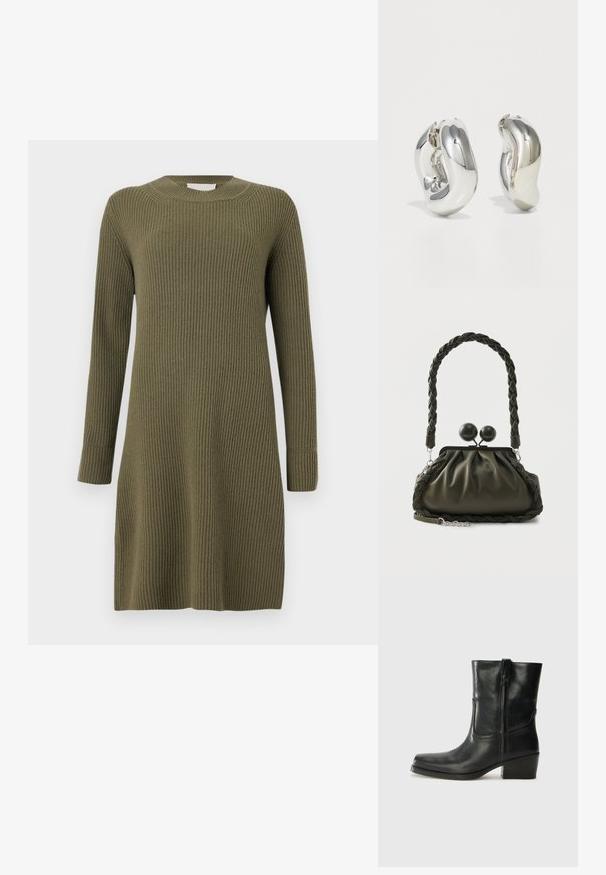 CLOSED CREW NECK DRESS LONG SLEEVE - Strikkjoler - forest green; Sort læder ankelstøvle med rundt tå, blokhæl, lynlås i siden og stikninger på vampsiden. Glat tekstur, klassisk design.; Olivengrøn læderhåndtaske med flettet håndtag og sølvhardware, med en samlet design og runde låsedetaljer på toppen.; Sølvskulpturelle øreringe med glatte, buede former og reflekterende overflader. Har et lukket hoop-design og en markant organisk form.