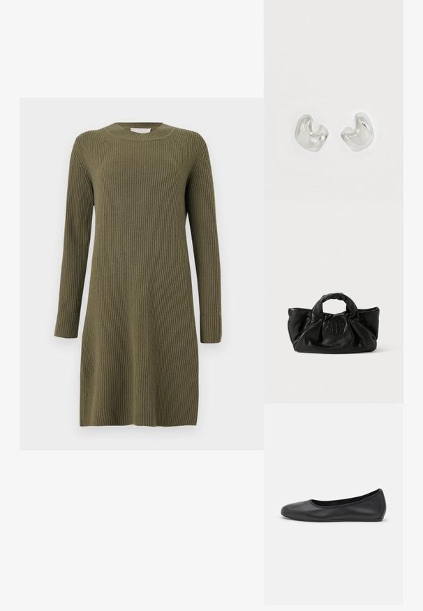 CLOSED CREW NECK DRESS LONG SLEEVE - Vestido de punto - forest green; Bailarina de piel negra con punta redondeada, textura suave, detalle de costura minimalista y diseño de suela flexible.; Bolso de mano de cuero negro con un diseño suave y recogido. Presenta un logotipo texturizado en la parte frontal y dos asas resistentes para llevar.; Pendientes de metal plateado con un diseño suave y curvado. Acabado brillante, con dos formas asimétricas que se entrelazan parcialmente.
