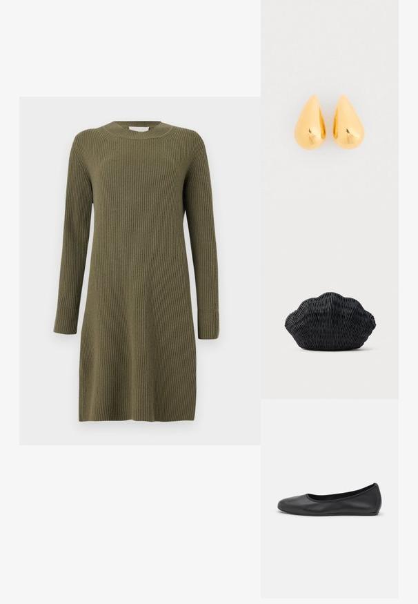 CLOSED CREW NECK DRESS LONG SLEEVE - Strikkjoler - forest green; Sort læderballetsko med rund tå, glat tekstur, minimal syning og et fleksibelt såldesign.; Sort flet håndtaske formet som en muslingeskal med en buet top og flettet tekstur på en ensfarvet baggrund.; Guld dråbeøreringe med en glat, poleret overflade og afrundede bunde, der reflekterer lyset med en skinnende finish.
