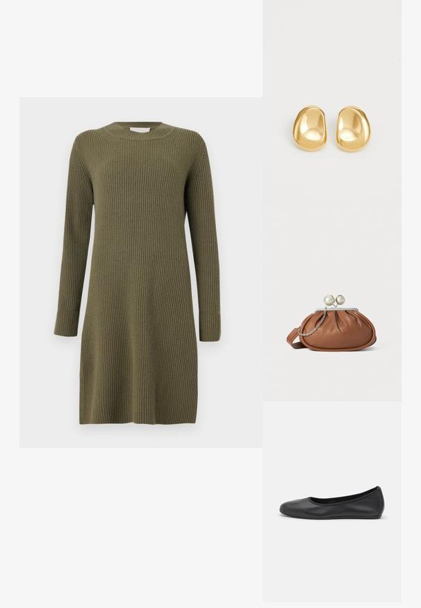 CLOSED CREW NECK DRESS LONG SLEEVE - Kampsunkleit - forest green; Musthave mustika tantsutossud mustast nahast, ümmarguse varbaga, siledast tekstuurist, minimaalse õmblusdetailiga ja paindliku tallakujundusega.; Pruun nahast klambriga rahakott, millel on hõbedane palli klamber ja väike hõbedane kett detail, valgel taustal.; Kuldsete stud-kõrvarõngastega, millel on siledad, ümarad kujundid ja peegeldav pind, näidates minimalistlikku disaini ning ilma nähtavate mustriteta.
