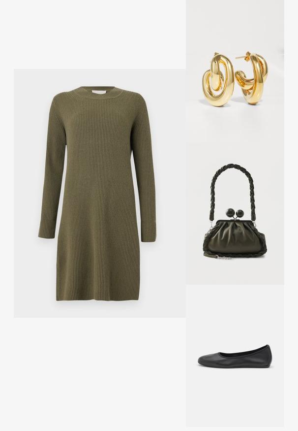 CLOSED CREW NECK DRESS LONG SLEEVE - Strikkjoler - forest green; Sort læderballetsko med rund tå, glat tekstur, minimal syning og et fleksibelt såldesign.; Olivengrøn læderhåndtaske med flettet håndtag og sølvhardware, med en samlet design og runde låsedetaljer på toppen.; Charlotte Chesnais BO INITIAL BLOW - Øreringe - gold-coloured