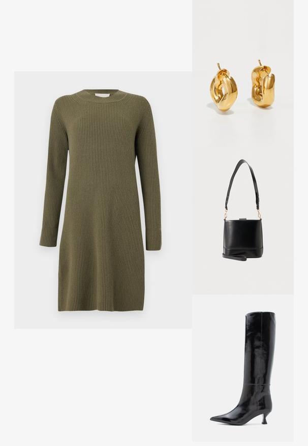 CLOSED CREW NECK DRESS LONG SLEEVE - Svetríkové šaty - forest green; Čierne kožené vysoké čižmy so lesklým povrchom, s ostrou špičkou a malým štvorcovým podpätkom. Hladká textura, minimálne detaily šitia.; Čierna kožená kabelka v tvare vedra so širokým nastaviteľným ramenným popruhom a odnímateľným náramkom na zápästie na svetlosivom pozadí.; Masívne zlaté kruhové náušnice s jemne skrúteným, rúrkovým dizajnom a uzávermi na zadnej strane na bielom pozadí.