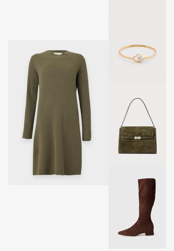 CLOSED CREW NECK DRESS LONG SLEEVE - Neulemekko - forest green; Ruskih nubuk čizama do kolena sa špicastim prstima i niskom blok petom. Detalji na bočnim šavovima dodaju suptilnu teksturu.; Vihreä mokkinen käsilaukku, jossa on suorakulmainen muoto, hopeanvärinen lukitus ja hoikka olkahihna. Mukana taitettu läppä ja hienovarainen tekstuuri.; Kultasävytteinen metallinen rannekoru, jossa on lomittainen sydänkuvio ja valkoinen sydänkoriste. Sileä pinta, avoin malli.