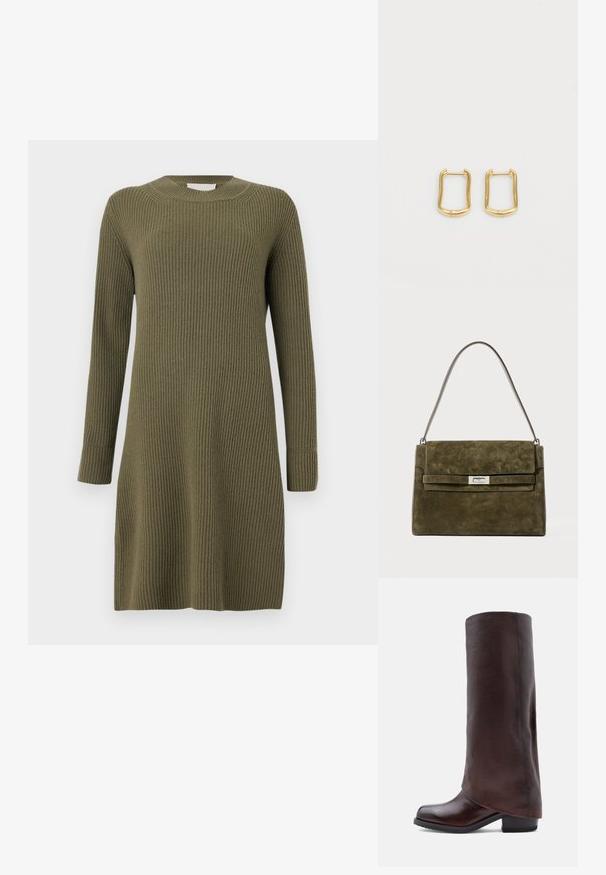 CLOSED CREW NECK DRESS LONG SLEEVE - Kampsunkleit - forest green; Tumedas pruuni nahast kõrge säärega saabas, madala blokkninäga ja ümarate varvastel, esitatud külgprofilis valgel taustal.; Roheline nubukist käekott, millel on ristkülikuline kuju, hõbedane riiv ja peen õlavöö. Omab volditud klappi ja peent tekstuuri.; Kuldringid, millel on ebaühtlane ristkülikuline kuju, laitmatu tekstuur ja peen sära. Lihtne disain, ilma kaunistusteta.