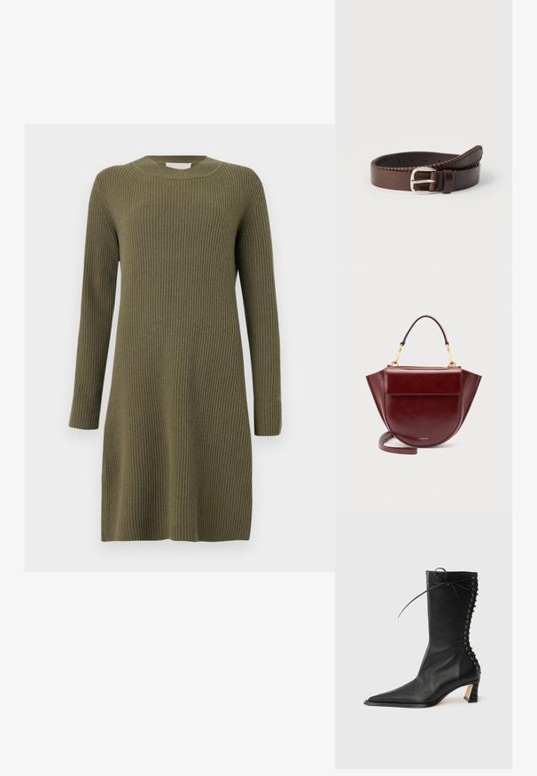 CLOSED CREW NECK DRESS LONG SLEEVE - Vestido de punto - forest green; Botín de cuero negro con punta puntiaguda, tacón delgado, detalle de cordones en la parte trasera y ojales metálicos. Textura suave con un diseño elegante.; Bolso de mano de cuero rojo oscuro con asa superior, herrajes dorados, bolsillo delantero con solapa y correa larga, sobre un fondo claro y liso.; Cinturón de cuero marrón con una textura suave, costuras contrastantes a lo largo de los bordes y una hebilla de metal plateado.