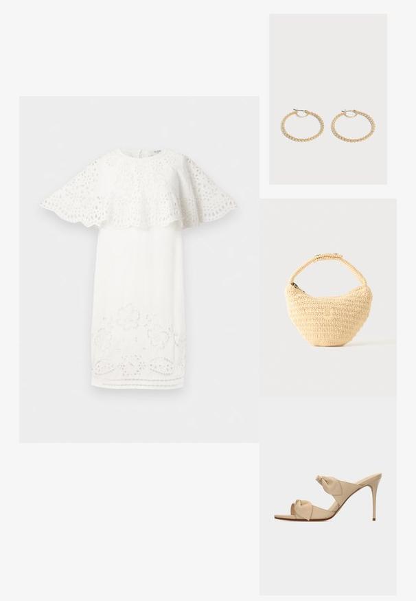 Hvid kjole med en design med scallopede ærmer, blomsterbroderi og udskæring ved kanten. Enkel, elegant form.; Beige åben tå højhælet mule-sandal med to snoede knudestrimler og en slank stilet-hæl på hvid baggrund.; Beige vævet håndtaske med afrundet krop, lynlås, og en kort, tyk strop i en enkel, tekstureret hæklestil.; Par medium-størrelse guldbøjleøreringe med et tekstureret perle-design på en ensartet lys baggrund.