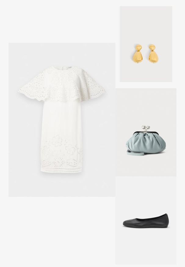 Weißes Kleid mit einem schalenförmigen Kappärmel-Design, floralen Stickereien und Ausschnitten am Saum. Schlichte, elegante Form.; Schwarze Leder-Ballettschuhe mit abgerundeter Spitze, glatter Textur, minimalen Nähdetails und einem flexiblen Sohlen-Design.; Kleine hellblaue Leder-Münztasche mit silbernem Metall-Kissenschloss und kurzem Handgelenksriemen vor einfarbigem Hintergrund.; Paar glänzende goldene tropfenförmige Ohrringe mit einem kleineren abgerundeten oberen Teil, der mit einem größeren birnenförmigen unteren Teil verbunden ist.