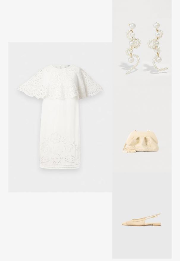 Hvid kjole med en design med scallopede ærmer, blomsterbroderi og udskæring ved kanten. Enkel, elegant form.; Slingback fladsko i lys beige med en mesh-overdel, spids tå og en lav hæl. Har en justerbar strop for bedre pasform.; Håndtaske i kremfarvet stof med blomsterbroderi, blød afrundet topramme og justerbar rem, lagt foran på en lysegrå baggrund.; Hvide perleøreringe med et snoet design, der har varierende størrelser af perler og guld accenter. Glat overflade og elegant form.