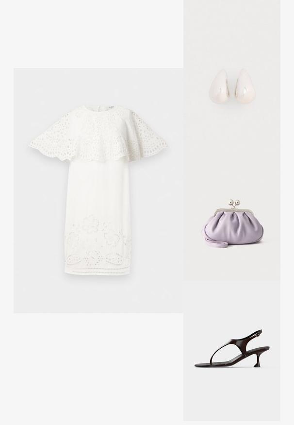 Weißes Kleid mit einem schalenförmigen Kappärmel-Design, floralen Stickereien und Ausschnitten am Saum. Schlichte, elegante Form.; Dunkelbraune Lackleder-Slingback-Sandale mit kittenabsatz und Zehensteg auf weißem Hintergrund.; Weiche Lavendel-Clutch mit gerafftem Stoff, silbernem Kiss-Lock-Verschluss und passendem Handgelenksriemen auf hellem einfarbigem Hintergrund.; Silberne Metall-Ohrringe in Tropfenform mit einer glatten, reflektierenden Oberfläche, die ein nahtloses Design und keine sichtbaren Verzierungen aufweisen.