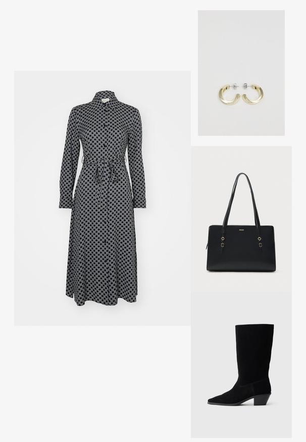 Vestido navy con un patrón geométrico blanco, de mangas largas, con cierre de botones en el frente y detalle de lazo en la cintura, que llega hasta la mitad de la pantorrilla. Textura de tela suave.; Botín de ante negro hasta el tobillo con punta afilada, caña de altura media y tacón grueso. Presenta costuras mínimas y una textura suave.; Bolso tote de cuero negro con dos asas largas, detalles en tono dorado y un logo grabado en el frente. Textura suave y forma rectangular.; Pendientes de aro de metal en tono dorado con un acabado liso y brillante y un diseño parcialmente circular. Sujetos con postes en tono plateado y cierres traseros.