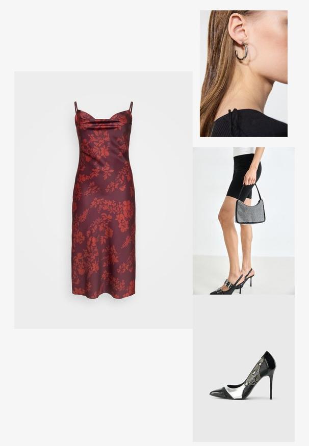 Rotes Blumenmuster-Slipkleid aus Satin, mit dünnen Trägern, einem schulterfreien Ausschnitt und einer taillierten Silhouette. Glatte Textur mit einem mittellangen Schnitt.; Schwarzer und silberner High-Heel-Pumps mit einer spitzen Zehenpartie, ausgestattet mit einem Mesh-Seitenpaneel im Schlangenleder-Muster und einem eleganten Stiletto-Absatz.; Schwarze Perlen-Handtasche mit geschwungener Silhouette, Tragegriff und glänzender Textur. Kombiniert mit schwarzen High Heels und enganliegenden schwarzen Shorts.; Silberne Creolen mit polierter Oberfläche, die kleine goldene Akzentdetails und eine runde Form aufweisen, am Ohrläppchen getragen.