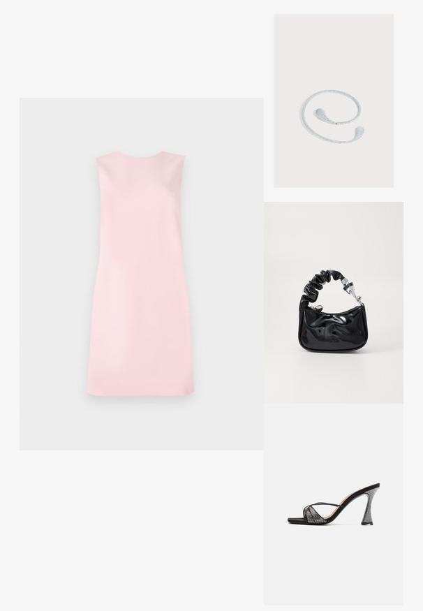 Vestido sin mangas de suave tejido rosa, con una forma A-line simple, escote redondo y textura lisa sin patrones ni adornos.; Sandalias de tacón alto negras con un upper texturizado que presenta brillantes rhinestones, tiras delgadas y un diseño de tacón geométrico distintivo.; Bolso de material charol negro con un asa arrugada, herrajes plateados, forma redondeada, cierre de cremallera y textura suave y brillante.; Diadema flexible plateada con brillo y extremos en forma de gota, mostrada sobre un fondo gris claro.