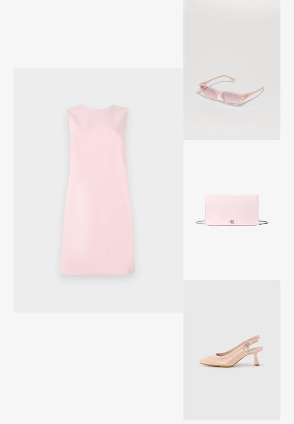 Ærmeløs kjole i blødt pink stof, der har en enkel A-formet pasform, rund halsudskæring og en glat tekstur uden mønstre eller udsmykninger.; Beige laklæder slingback højhælet sko med spids tå og elastisk rem med brandnavn detaljer samt en sløjfe ved hælen.; Lyserøde plastik katteøje solbriller med gradient linser, der har gyldne detaljer ved tindingerne. Glat overflade og spidst stel design.; Lyserød rektangulær læderclutch med sølvkæde og lille sølvfarvet CK-logo midt på forsiden.