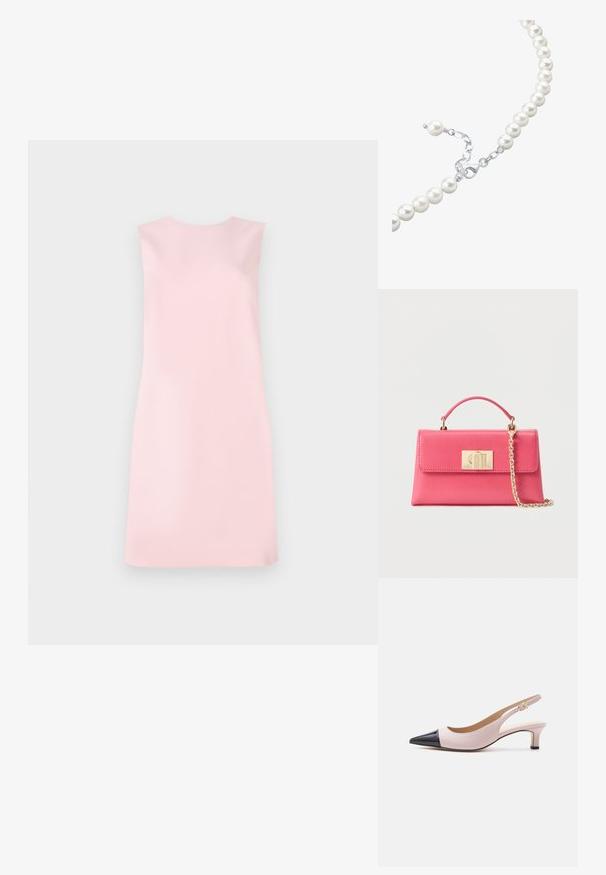 Ærmeløs kjole i blødt pink stof, der har en enkel A-formet pasform, rund halsudskæring og en glat tekstur uden mønstre eller udsmykninger.; Tofarvet beige og sort slingback sandal med kitten heel, spids tå og lille guldbeklædt spænde på hvid baggrund.; Lille lyserød læderhåndtaske med topstrop og guldkæde, med et rektangulært guldlås på frontklappen.; Hvid perlekæde med sølvspænde, som har en række runde perler og en lille forlængerkæde til justerbar længde.
