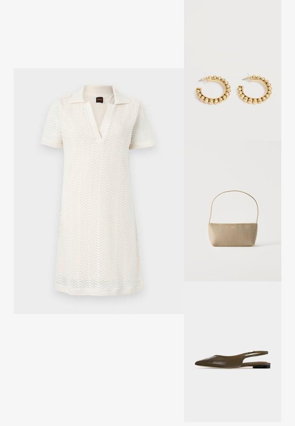 Robe blanche en maille à manches courtes avec col en V et motif ajouré ondulé subtil, longueur genou, style décontracté.; Chaussure plate à bout pointu vert olive avec bride arrière, talon noir bas et finition lisse et brillante.; Sac à main tissé beige avec fine bandoulière et petit logo doré "BOSS" à l'avant, présenté sur fond blanc uni.; Paire de boucles d’oreilles créoles dorées avec des détails de perles arrondies le long du bord extérieur sur un fond clair.