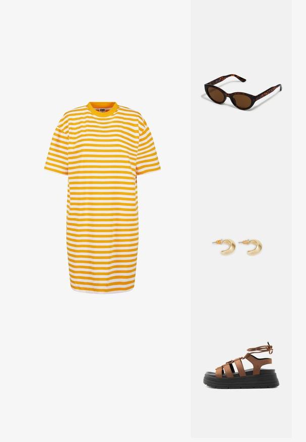 Robe t-shirt rayée avec des rayures alternées jaunes et blanches, col rond et manches courtes, confectionnée dans un tissu doux.; Sandale à brides en daim marron avec semelle plateforme noire épaisse et fermeture à lacets autour de la cheville, vue de côté sur un fond clair.; Lunettes de soleil en écaille de tortue marron avec une forme vintage de lunettes cat-eye et des verres marron. Présente des branches courbées avec des accents rouges.; Boucles d'oreilles en forme de croissant en or avec une finition lisse, présentant des accents orange près du clou et un matériel en argent.
