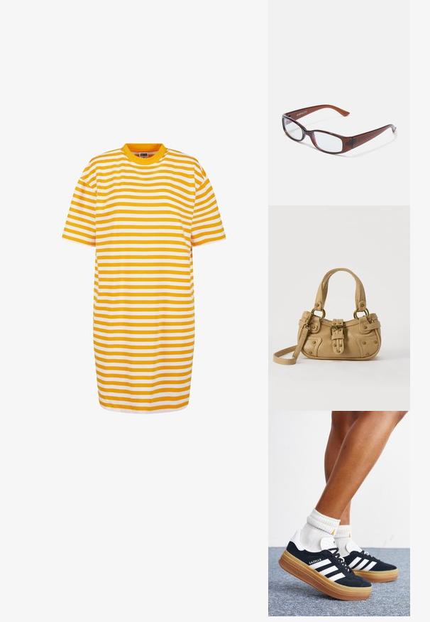 Robe t-shirt rayée avec des rayures alternées jaunes et blanches, col rond et manches courtes, confectionnée dans un tissu doux.; Jambes portant des chaussettes blanches et des baskets Adidas Gazelle noires avec des bandes blanches et des semelles épaisses marron sur un sol recouvert de moquette grise.; Lunettes rectangulaires teintées de brun avec une finition brillante, dotées de branches fines et de verres transparents. Logo visible sur la branche gauche.; Sac à main en cuir beige avec double poignées, boucle en laiton et détails rivetés, ainsi qu'une bandoulière réglable sur fond blanc.