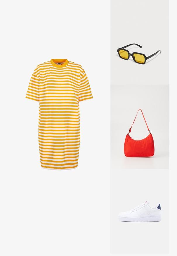 Vestido camisola a rayas con franjas alternas en amarillo y blanco, cuello redondo y mangas cortas, hecho de tela suave.; Zapatilla blanca de caña baja con perforaciones en la puntera, cordones blancos, un logo swoosh blanco y una lengüeta en el talón de color azul oscuro.; Gafas de sol negras rectangulares con lentes amarillos. Presentan montura gruesa y un diseño angular con un acabado liso y brillante.; Bolso de mano de nylon rojo con una silueta curva, una sola correa, herrajes plateados y detalle de logo en relieve en la parte frontal. Textura suave.