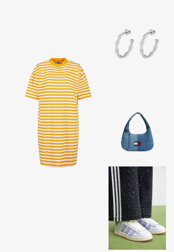 Vestido camisola a rayas con franjas alternas en amarillo y blanco, cuello redondo y mangas cortas, hecho de tela suave.; Zapatillas de piel blanca con detalles en púrpura claro, tres rayas y suela de goma. Pantalones negros con un sutil patrón de leopardo y rayas laterales.; Bolso de hombro de denim azul de dos tonos con un parche con el logo de Tommy Jeans y un tirador de cremallera sobre un fondo blanco liso.; Pendientes de aro de plata retorcida con un acabado suave y cierre trasero, que exhiben un diseño entrelazado moderno.