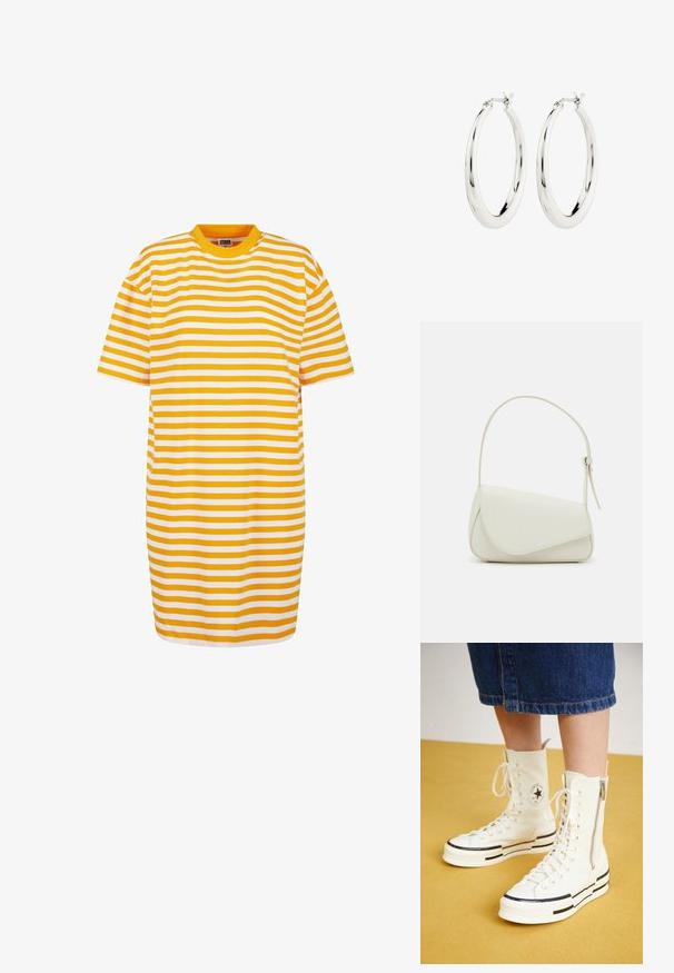Stripet t-shirt-kjole med skiftende gule og hvide striber, rund halsudskæring og korte ærmer, lavet af blødt stof.; Hvide høj-top sneakers med lynlåslukning, snørresystem og sorte striber på en tyk sål. Tekstureret kanvasmateriale.; Hvid taske i faux læder med en struktureret trekantet form, enkelt justerbart skulderstrop og en flaplås med kurver.; Sølvøreringe i form af hoops med en glat, blank finish. Cirkulær form, der har en sikker lås. Simpelt og elegant design.