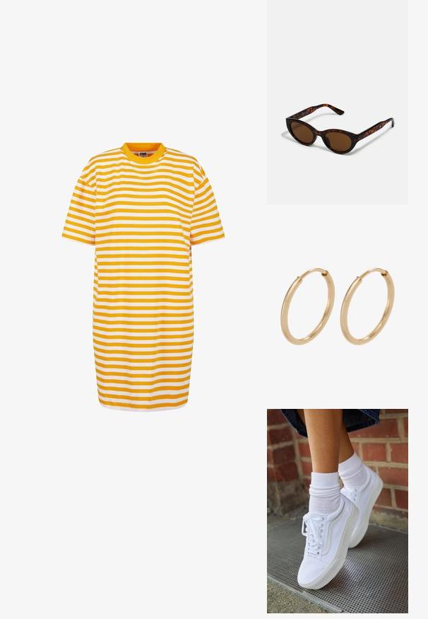 Robe t-shirt rayée avec des rayures alternées jaunes et blanches, col rond et manches courtes, confectionnée dans un tissu doux.; Baskets en toile blanches avec semelles en caoutchouc, dotées de six œillets, d'un bout rond et de détails de couture légers, portées avec des chaussettes blanches mi-mollet.; Lunettes de soleil en écaille de tortue marron avec une forme vintage de lunettes cat-eye et des verres marron. Présente des branches courbées avec des accents rouges.; Boucles d'oreilles en or en forme de créoles, avec une finition lisse et polie. Forme arrondie, de taille moyenne, dotées d'un mécanisme de fermeture sécurisé.