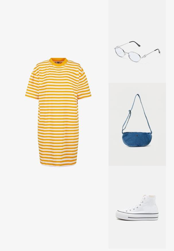Stripet t-shirt-kjole med skiftende gule og hvide striber, rund halsudskæring og korte ærmer, lavet af blødt stof.; Hvide høj-top sneakers lavet af kanvasmateriale, sort gummisål og kontrasterende sort stribe på mellemsålen. Rund tåhætte og snørebåndsdesign.; Sølvmetal ovale briller med klare linser, prydet med dekorative sideaccenter og sorte spidser på stængerne for bedre greb og komfort.; Blå denim crossbody taske med justerbar rem og lille metallisk logo foran, vist mod hvid baggrund.