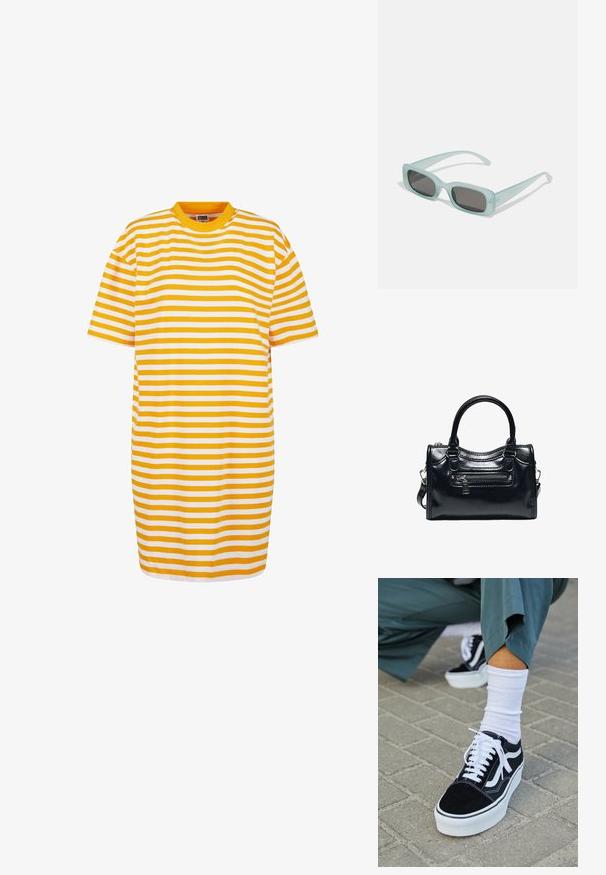 Robe t-shirt rayée avec des rayures alternées jaunes et blanches, col rond et manches courtes, confectionnée dans un tissu doux.; Baskets en suède noir avec des accents et des lacets blancs, présentant une épaisse semelle blanche et des coutures contrastantes, associées à une chaussette blanche.; Une paire de lunettes de soleil rectangulaires avec des montures translucides bleu clair et des verres gris foncé, présentant des branches droites et des détails matériels minimaux.; Sac à main en cuir noir brillant avec deux poignées, poche avant zippée et bandoulière amovible sur fond blanc.