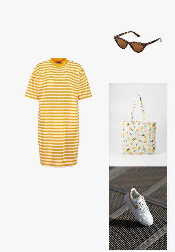 Vestido camisola a rayas con franjas alternas en amarillo y blanco, cuello redondo y mangas cortas, hecho de tela suave.; Zapatilla blanca de piel con detalles dorados, puntera redonda, diseño perforado en la caja de los dedos y cordones planos. Presenta la marca 'Air' en la suela.; Gafas de sol estilo ojo de gato con montura de carey negra y naranja, lentes marrones y puntas elegantes y afiladas. Presenta un logo minimalista en la patilla.; Pieces PCSUITY - Bolso shopping - birch