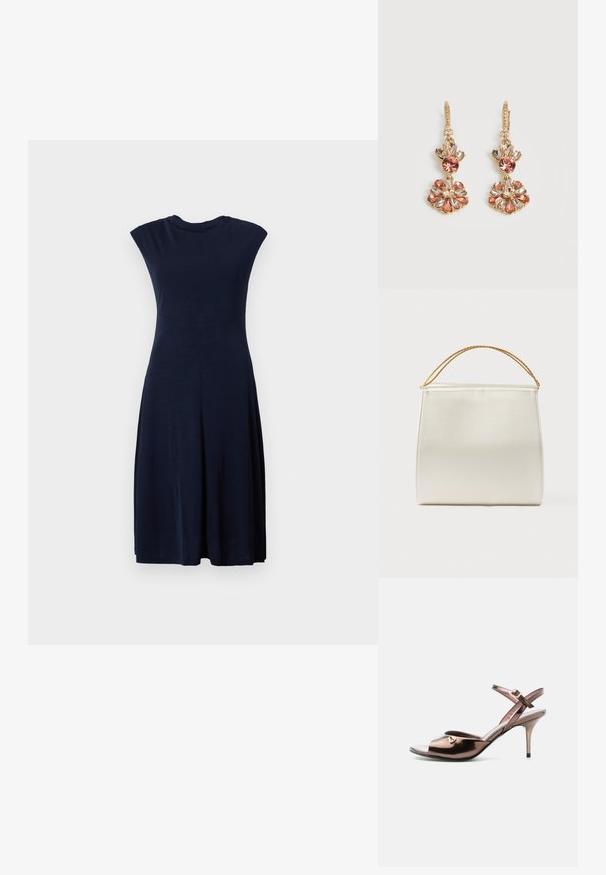 Vestido sin mangas de color azul marino, hecho de una tela suave, con un corsé ajustado y una falda acampanada, con un sutil detallo de costura debajo del pecho.; Sandalia de tacón alto metálica en bronce con punta abierta, correa en el tobillo y pequeño adorno dorado en forma de corazón en el lateral.; Bolso estructurado con acabado de satén, color crema, con una correa de cadena para el hombro. Presenta una textura plana y lisa, con costuras limpias.; Pendientes colgantes en tono dorado con diseños florales de cristal rosa y transparente y cierres de palanca sobre un fondo blanco.