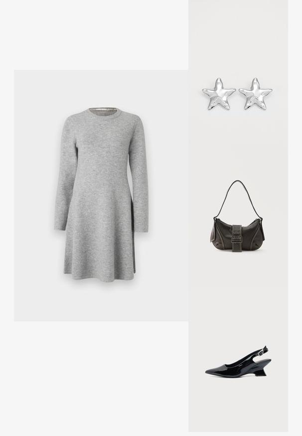 Vestido largo gris de manga larga hecho de una tela suave; presenta un escote redondo y un corte relajado, con un leve aumento en el dobladillo y aberturas laterales.; Zapato slingback de cuero charol negro con puntera puntiaguda y tacón bajo en bloque inclinado sobre fondo claro liso.; Bolso de hombro de cuero negro con detalle de correa con hebilla, bordes curvos y costuras blancas en contraste sobre un fondo liso.; Pendientes en forma de estrella plateada con una superficie pulida y brillante. Cada pendiente presenta cinco puntas y sutiles detalles de textura en la superficie.