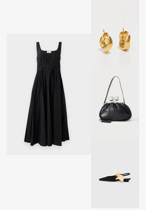 Sort, ærmeløs kjole med firkantet udskæring, samlet bodice og en let skørt. Har en snoretræk i taljen og blødt bomuldsstof.; NEOUS UBA - Slingback-ballerinasko - black; Sort læderhåndtaske med opsamlet design, en enkelt rem, sølv metalramme og to store runde sølv lukninger.; Chunky guld hoop øreringe med et let snoet, rørformet design og postsystem bagpå, på en hvid baggrund.