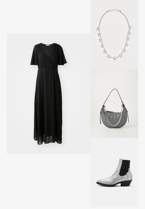 Zwarte maxi-jurk van lichtgewicht stof, met een wikkelvoorkant, V-hals, korte fladdermouwen en een vloeiende rok.; ONLY SHOES ONLBRONCO SHORT - Cowboy-/Bikerlaarsjes - silver; Zwarte mesh handtas met een maansvorm, voorzien van een zilveren kettingband en zwarte leren accenten. Getextureerd oppervlak met een ritssluiting.; Zilveren ketting met elf stervormige bedels, elk voorzien van een heldere centrale edelsteen, en een verstelbare haaksluiting.