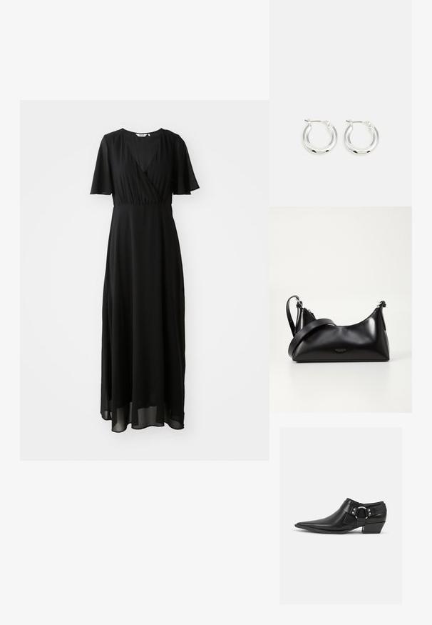 Schwarzes Maxikleid aus leichtem Stoff, mit einem Wickelausschnitt, V-Ausschnitt, kurzen Schmetterlingsärmeln und einem fließenden Rock.; Schwarze Leder-Ankle-Boots mit spitzem Zeh, ausgestattet mit einem vorderen Leder-Riemen und einem silbernen Schnallendetail sowie einem niedrigen Blockabsatz.; Schwarze lederne Handtasche mit glatter Textur. Verfügt über einen verstellbaren Riemen und ein elegantes, minimalistisches Design mit einem Reißverschluss.; Silberne Creolen mit glänzender Oberfläche, die eine kreisrunde Form haben und mit einem schwenkbaren Verschluss ausgestattet sind. Glatte Textur mit minimalen Details.