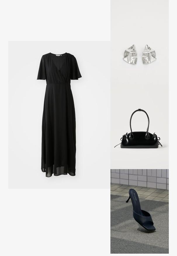 Robe maxi noire en tissu léger, avec un devant croisé, un décolleté en V, des manches courtes évasées et une jupe fluide.; Mule noire à talon haut avec bout ouvert et marquage "RAID" sur la semelle intérieure, posée sur un trottoir gris près d’un mur carrelé.; Petit sac à main noir brillant avec deux longues anses et des détails à cordon sur les côtés sur un fond clair uni.; Boucles d'oreilles en métal argenté avec un design ondulé et sculptural, présentant une finition polie et des formes irrégulières, mettant en valeur une esthétique contemporaine.