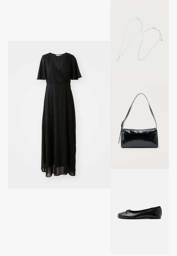 Vestido maxi negro de tejido ligero, con un diseño envolvente en el frente, escote en V, mangas cortas con vuelo y una falda fluida.; Bailarina negra brillante de cuero con tacón bajo y pequeño lazo decorativo en la parte delantera, mostrada de lado sobre fondo claro y liso.; Bolso de hombro rectangular negro con una correa ajustable y un cierre de cremallera superior sobre un fondo liso.; Dos collares plateados sobre fondo blanco, uno con un colgante de cristal en forma de lágrima y el otro con eslabones de cristal ovalados.