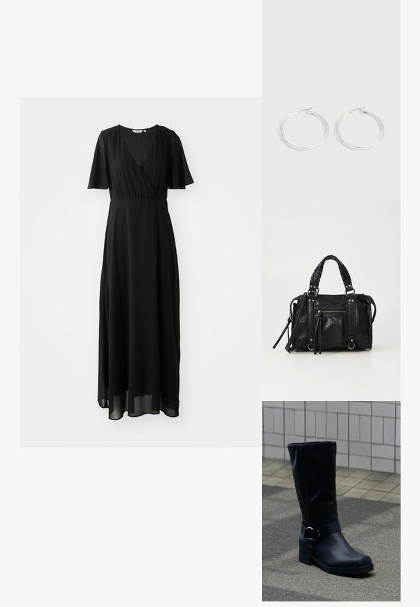 Vestido maxi negro de tejido ligero, con un diseño envolvente en el frente, escote en V, mangas cortas con vuelo y una falda fluida.; Bota negra de cuero hasta la mitad de la pantorrilla con un tacón bajo de bloque y una correa decorativa con hebilla metálica alrededor del tobillo, sobre un pavimento de baldosas.; Bolso de mano de imitación cuero negro texturizado con asas trenzadas, detalles en hardware plateado y un bolsillo con cremallera en la parte frontal. Diseño compacto con correa para el hombro desmontable.; Pareja de pendientes de aro plateados brillantes con cierres de alambre delgado, mostrados sobre un fondo gris claro.