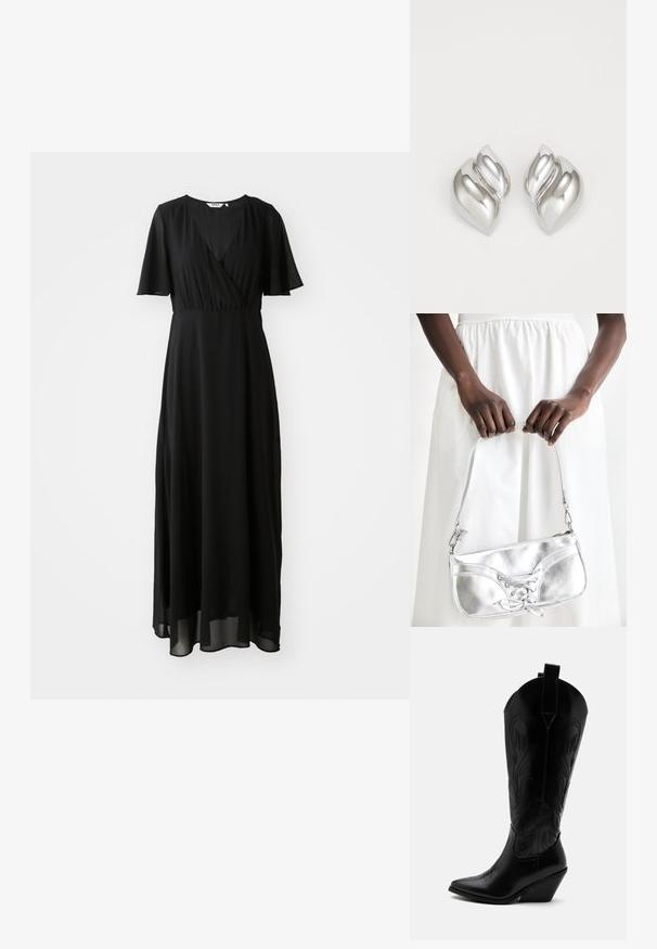 Vestido maxi negro de tejido ligero, con un diseño envolvente en el frente, escote en V, mangas cortas con vuelo y una falda fluida.; Bota de vaquero de cuero negro con punta puntiaguda, tacón bloqueado inclinado, costuras decorativas y lengüetas en la parte superior sobre fondo blanco.; Bolso metálico plateado con detalle de cordones, que presenta un diseño elegante y una correa corta. El bolso está sostenido con las manos, mostrando su textura.; Pendientes de plata con una forma orgánica y abstracta. Superficie lisa y brillante con un diseño cónico. Presentan suaves curvas y un detalle de línea central.
