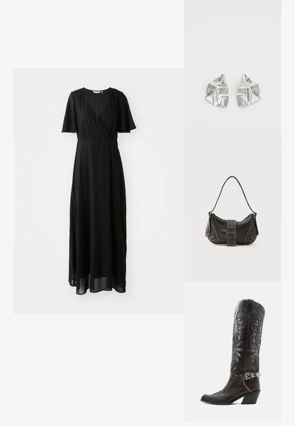 Vestido maxi negro de tejido ligero, con un diseño envolvente en el frente, escote en V, mangas cortas con vuelo y una falda fluida.; Bota cowboy de cuero negro con recortes decorativos, hebilla plateada y tacón inclinado, presentada sobre fondo blanco.; Bolso de hombro de cuero negro con detalle de correa con hebilla, bordes curvos y costuras blancas en contraste sobre un fondo liso.; Pendientes de metal plateado con un diseño ondulado y escultórico, que presentan un acabado pulido y formas irregulares, destacando una estética contemporánea.