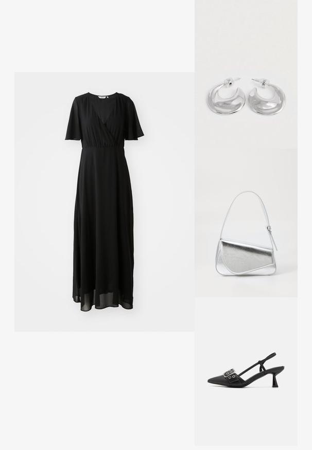 Schwarzes Maxikleid aus leichtem Stoff, mit einem Wickelausschnitt, V-Ausschnitt, kurzen Schmetterlingsärmeln und einem fließenden Rock.; Simmi London DALA - Pumps - black; Silberfarbene metallische Handtasche mit dreieckiger Form, glatter Textur und einem dünnen, verstellbaren Schultergurt. Sie verfügt über ein umklappbares Design mit Nähten.; Ein Paar polierte silberne, halbmondförmige Creolen mit klaren Kunststoffrückseiten auf einer weißen Oberfläche.