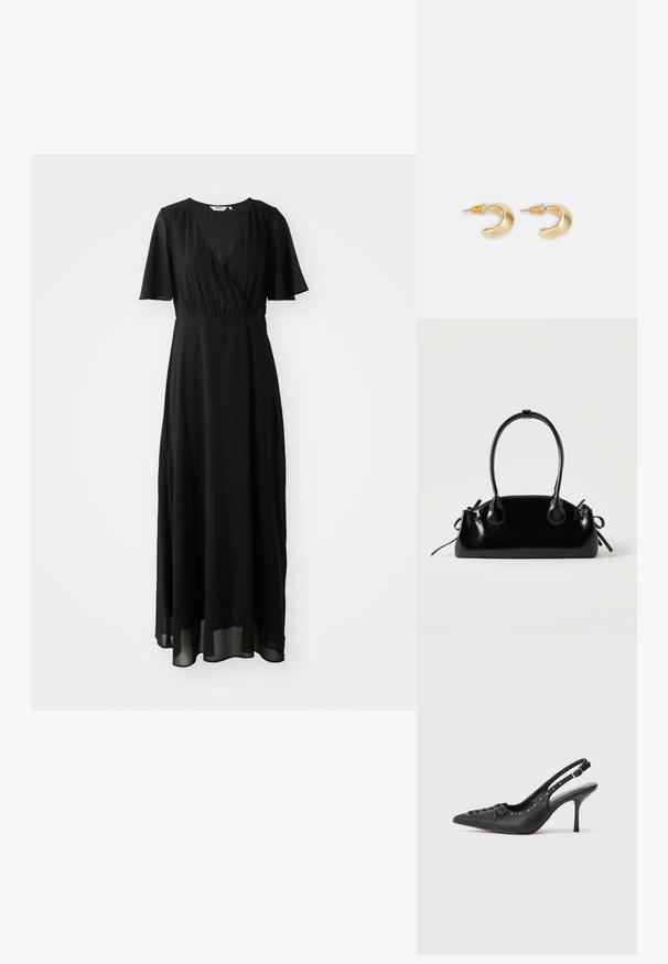 Zwarte maxi-jurk van lichtgewicht stof, met een wikkelvoorkant, V-hals, korte fladdermouwen en een vloeiende rok.; Zwarte leren slingback stiletto met spitse neus, zijgesp met gesp, studs langs de rand en decoratieve veters aan de voorkant.; Kleine zwarte glanzende handtas met twee lange hengsels en zijkant trekkoord details op een effen lichte achtergrond.; Gouden halvmaanvormige oorbellen met een gladde afwerking, voorzien van oranje accenten bij de stekker en zilveren hardware.