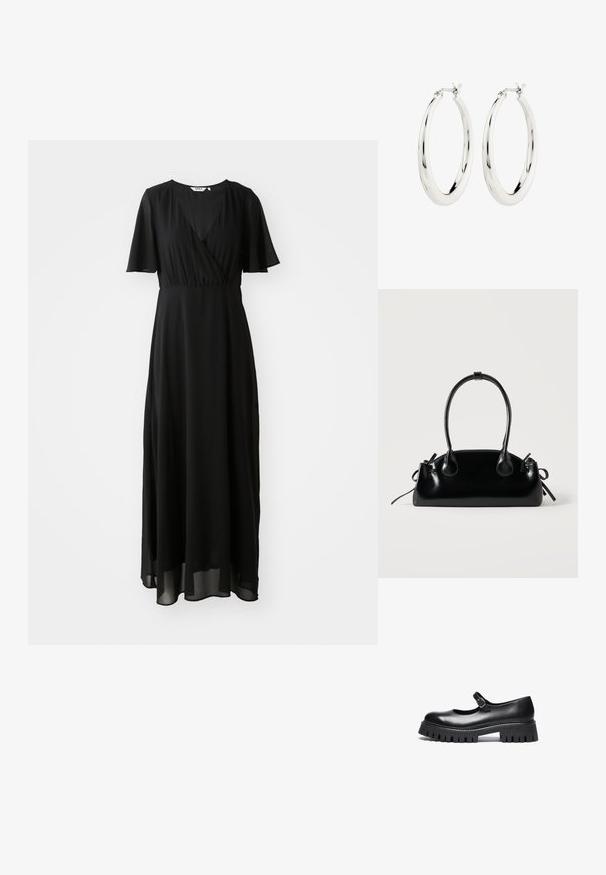 Schwarzes Maxikleid aus leichtem Stoff, mit einem Wickelausschnitt, V-Ausschnitt, kurzen Schmetterlingsärmeln und einem fließenden Rock.; Schwarzer Leder-Mary-Jane-Schuh im Stil mit runder Zehe, Knöchelriemen und einer robusten Gummisohle mit geriffelter Detailierung.; Kleine schwarze glänzende Handtasche mit zwei langen Griffen und seitlichen Kordelzug-Details vor einfachem hellem Hintergrund.; Silberne Creolen mit einer glatten, glänzenden Oberfläche. Kreisform, ausgestattet mit einem sicheren Verschluss. Einfaches und elegantes Design.