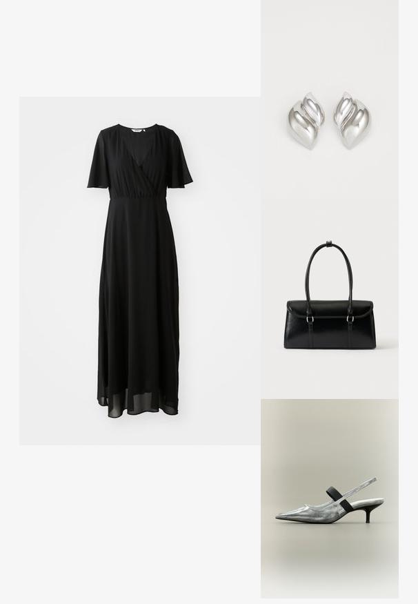 Vestido maxi negro de tejido ligero, con un diseño envolvente en el frente, escote en V, mangas cortas con vuelo y una falda fluida.; Zapato slingback plateado de punta afilada con un tacón bajo negro de tipo kitten y una correa elástica negra en la parte superior.; Bolso rectangular de cuero negro con cierre de solapa y dos asas largas sobre un fondo blanco liso.; Pendientes de plata con una forma orgánica y abstracta. Superficie lisa y brillante con un diseño cónico. Presentan suaves curvas y un detalle de línea central.